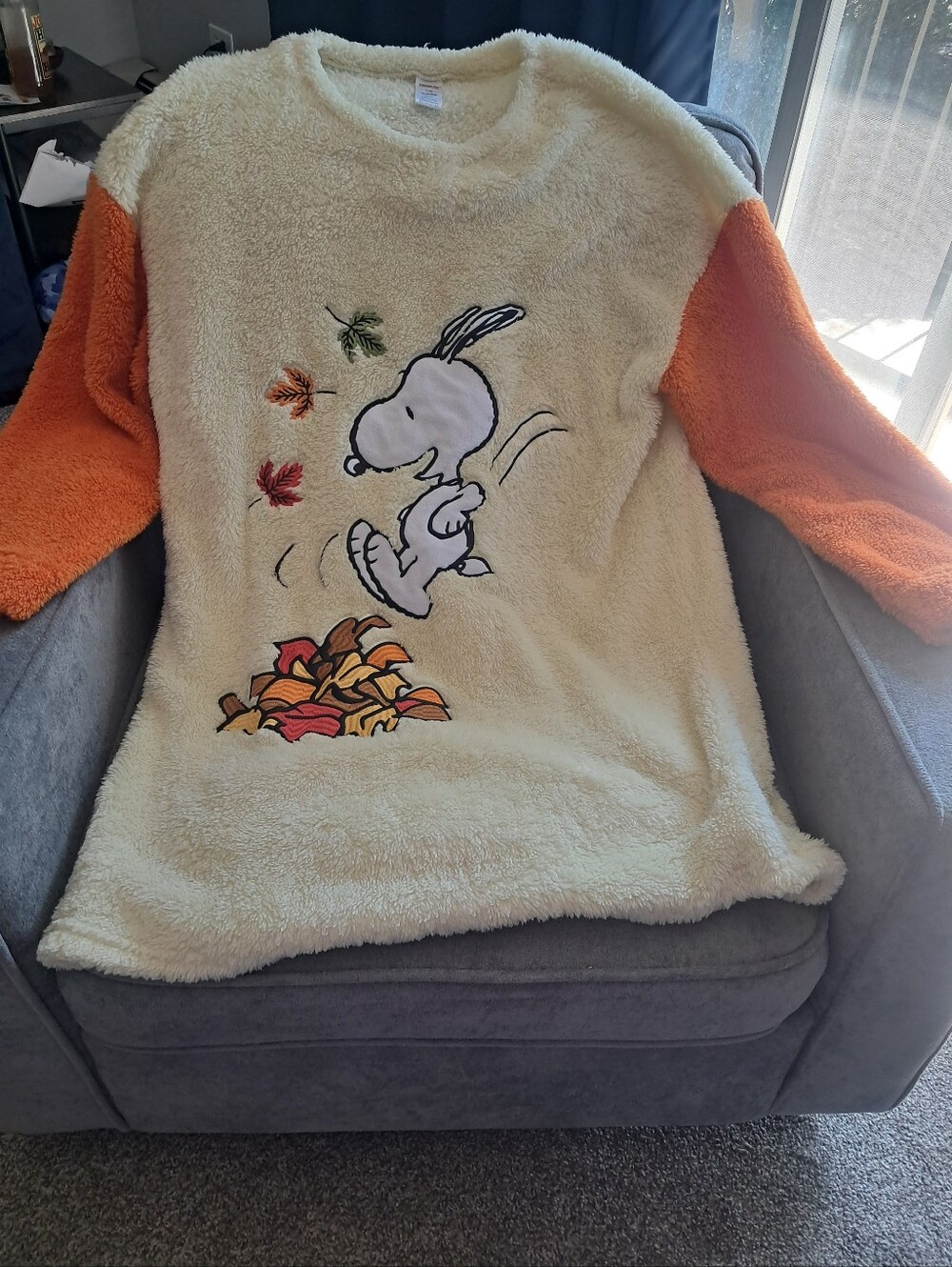 Peanuts Brand Snoopy Fall Fleece Pajama Top Jumping Into Leaves Orange And Cream